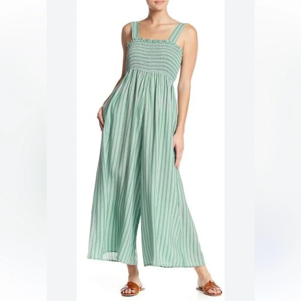Boho‎ Smocked Wide Leg Melloday Jumpsuit Green Stripe Pockets Euro Summer Resort